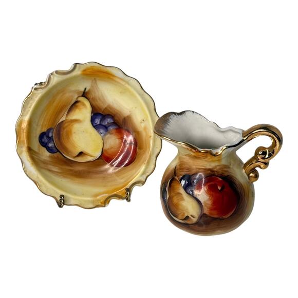 Vtg Enesco Creamer & Saucer Pitcher Plate Fruit Apple Pear Grapes Gold Trim 3.5" - Picture 2 of 8